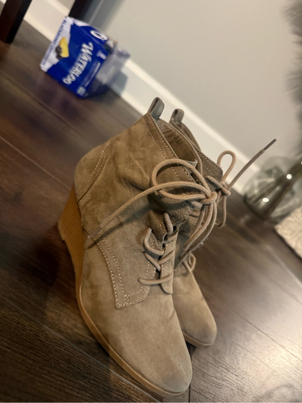 Express Taupe Suede Lace-Up Wedge Booties
